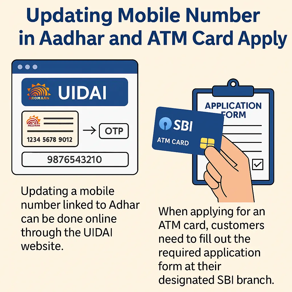 Infographic showing how to update mobile number in Aadhaar online via the UIDAI website and how to apply for an SBI ATM card by submitting an application form at the bank branch, with relevant illustrations.