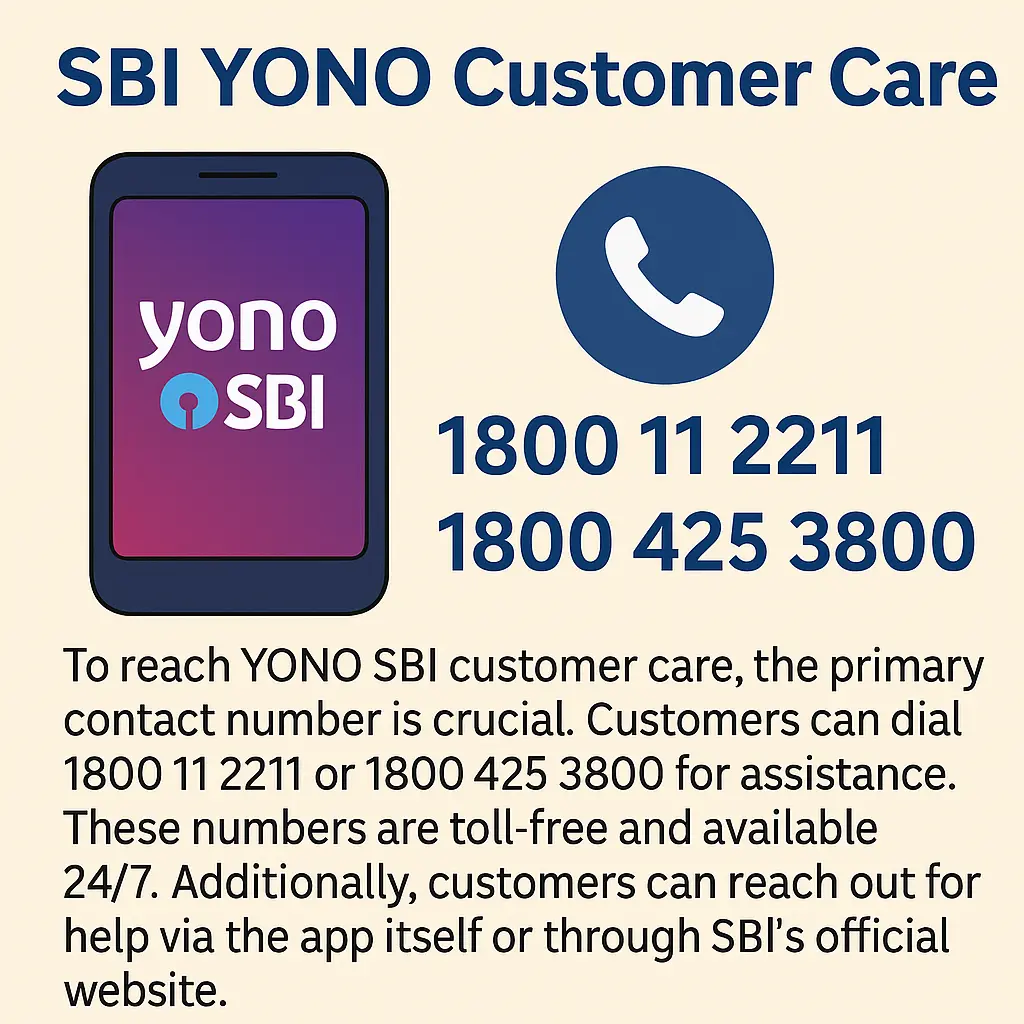 SBI YONO customer care contact information with a smartphone displaying the YONO SBI logo, two toll-free numbers (1800 11 2211 and 1800 425 3800), and supporting text stating 24/7 availability and additional support via the app and official website.