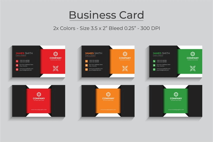 A professional business card design layout showcasing three color variations—red, orange, and green—with contact details and company branding, formatted at 3.5 x 2 inches with a 0.25” bleed, 300 DPI.