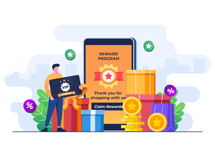 Illustration of a customer loyalty reward program showing a person holding a VIP card beside a smartphone screen displaying “Claim Rewards,” surrounded by gift boxes, coins, and discount symbols, promoting exclusive perks for frequent shoppers.