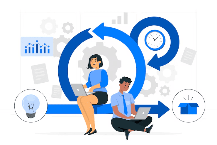 Illustration representing the agile development process with a woman and man working on laptops surrounded by circular arrows, icons of a light bulb, clock, and shipping box, symbolizing iterative planning, productivity, and continuous delivery.