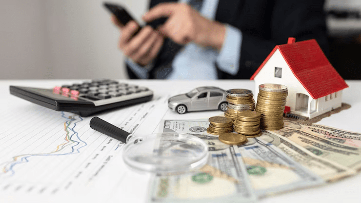 Stack of coins, cash, house model, and car model on desk with charts and calculator, symbolizing investment, budgeting, and financial planning for home and assets.