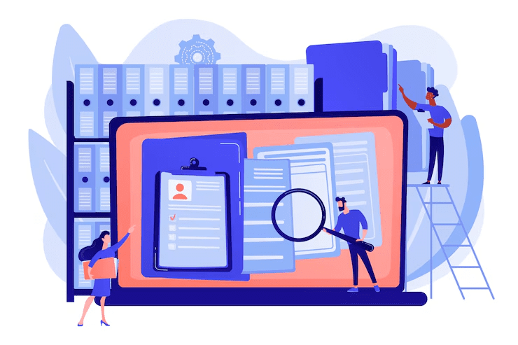 Illustration of people analyzing digital documents on a giant laptop screen, with folders, clipboards, and a magnifying glass representing data search and organization.