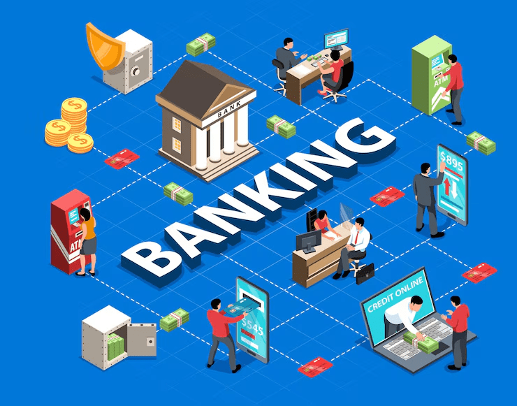 Isometric illustration of various modern banking services, including ATMs, online credit applications, digital transactions, and in-person customer support, all connected around a central bank building on a blue background.