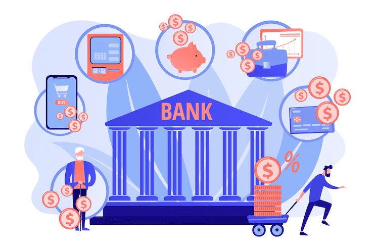 Illustration of a bank building surrounded by icons representing modern banking services such as mobile payments, savings, ATMs, credit cards, investment, and financial transactions.