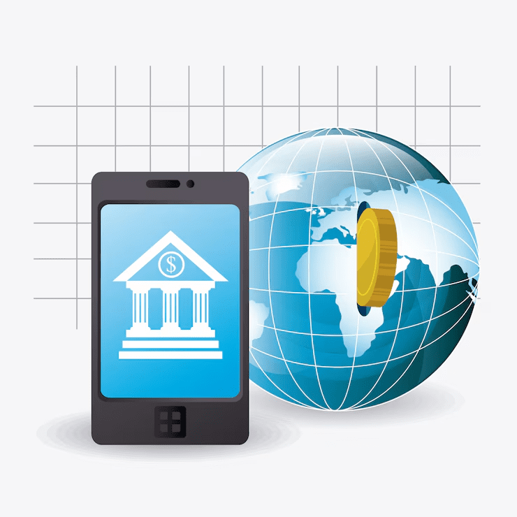 Illustration of a smartphone displaying a bank icon, placed beside a globe with a coin inserted, symbolizing mobile banking and global financial transactions.