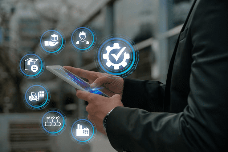 Businessman using a digital tablet with futuristic icons representing digital supply chain management processes such as logistics, inventory, customer service, and quality control.