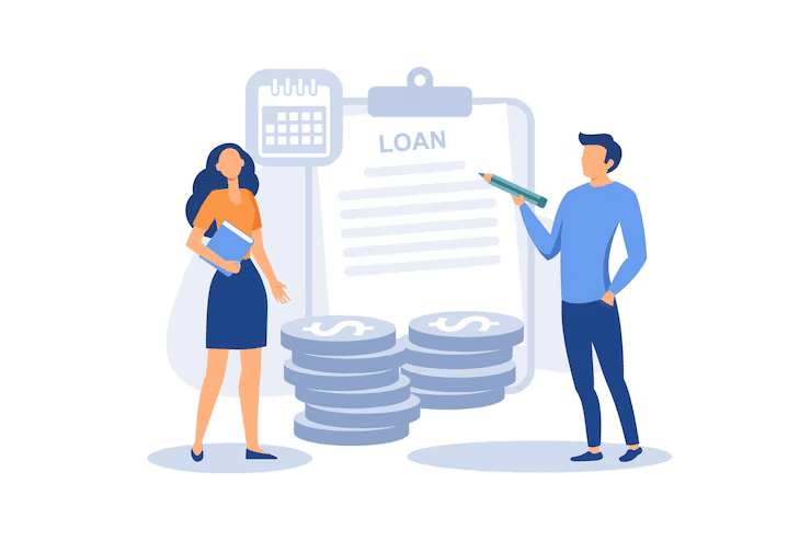 Illustration of a man and woman discussing financial documents in front of a large clipboard labeled "Loan," with calendar and dollar coin icons, representing a loan application and financial planning process.