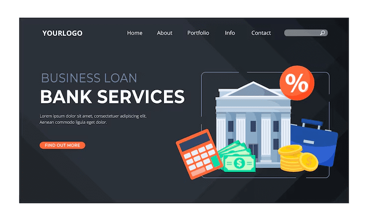 Business loan bank services web banner featuring a government-style bank building, percentage icon, calculator, briefcase, money stack, and coins, representing financial tools and lending solutions for businesses.