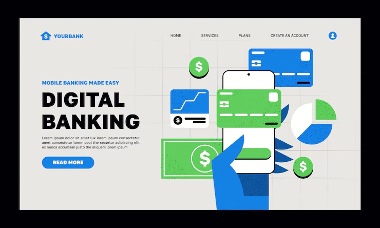 Digital banking website interface with a hand holding a smartphone, surrounded by dollar coins, credit cards, graphs, and financial icons, illustrating mobile banking and online financial transactions.