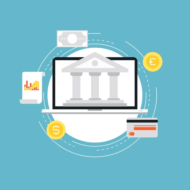 Illustration of online banking concept showing a laptop with a bank building icon, surrounded by a smartphone, credit card, currency symbols, and financial analytics on a blue background.