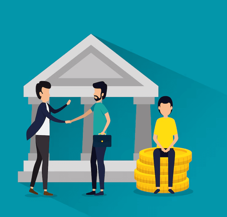 "Illustration of two men shaking hands in front of a bank building, symbolizing a financial agreement, while another person sits on a stack of gold coins, representing savings or investment."