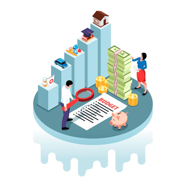 "Illustration of two people analyzing a budget document with a magnifying glass, surrounded by financial elements like stacked cash, coins, a piggy bank, and bar charts representing expenses such as healthcare, transportation, education, and housing."