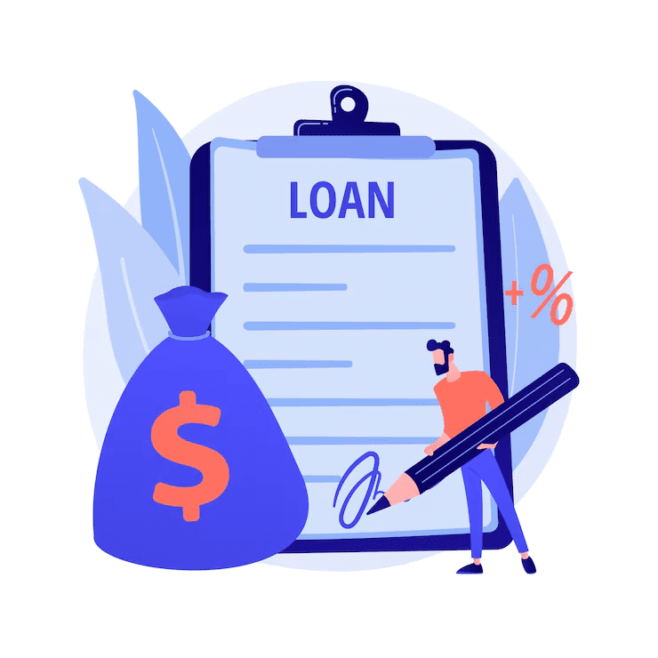 "Illustration of a person signing a large loan agreement document using a giant pen, next to a money bag with a dollar symbol and a percentage icon, representing loan approval and interest rates."