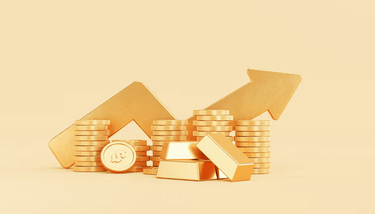 "Stacks of gold coins and bars with upward arrows symbolizing financial growth and wealth accumulation on a beige background."