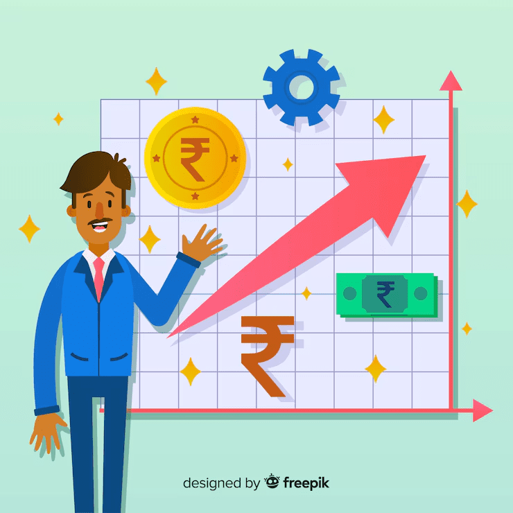 "Illustration of a businessman presenting financial growth with an upward arrow and Indian rupee symbols."