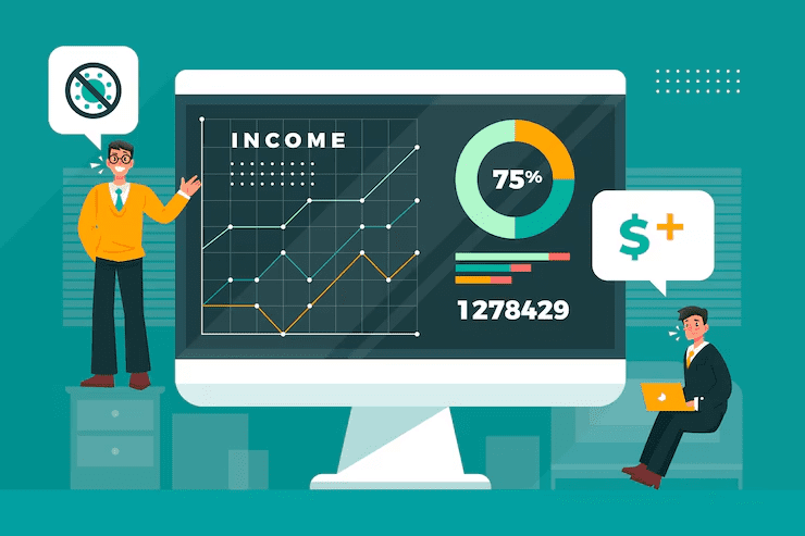 Illustration of two businessmen analyzing income data on a large computer screen displaying graphs, pie charts, and income statistics, with icons representing financial growth and strategy.