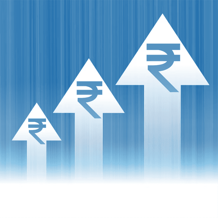 Three upward-pointing arrows of increasing size with the Indian Rupee symbol (₹) inside, representing financial growth or rising economic trends, set against a blue vertical gradient background.