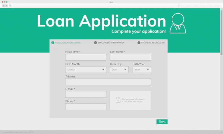 Online loan application form requesting personal details such as name, birth date, address, email, and phone number, with tabs for employment and financial information, and a message indicating data security.