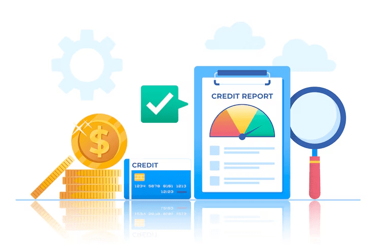 Illustration of a credit report concept featuring a clipboard with a credit score gauge, credit card, magnifying glass, stack of coins, and checkmark symbol, representing credit evaluation and financial review.
