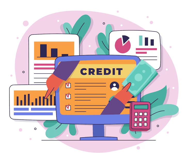 Colorful illustration of a computer screen displaying credit information, with charts, graphs, a calculator, and a hand holding money, symbolizing credit score analysis and financial planning.