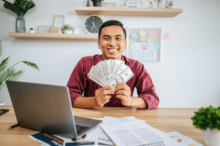 A smiling man sitting at a desk in an office environment, holding a fan of U.S. dollar bills in front of a laptop and financial documents—symbolizing successful loan approval, financial gain, or business funding.