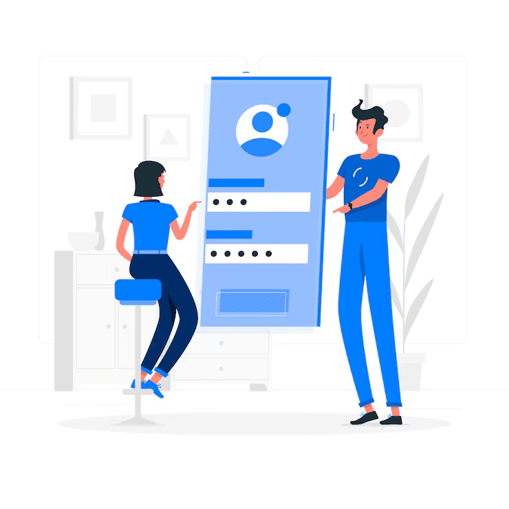 Illustration of a woman sitting on a stool and a man standing next to a large mobile login screen displaying username and password fields—symbolizing app login, user authentication, or account access interface.