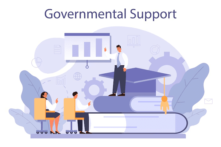 Illustration showing people discussing educational funding and support, with a person presenting data on a screen and standing on oversized books, representing governmental support for education.