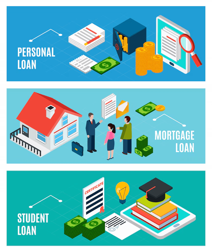 Illustration of three types of loans: Personal Loan (with documents, money, coins, and a tablet), Mortgage Loan (showing a house, contract, and people shaking hands), and Student Loan (featuring cash, a certificate, books, and a graduation cap).