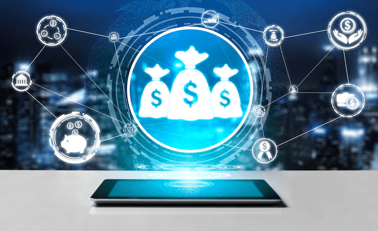 digital interface displaying money bags and interconnected financial icons above a tablet, symbolizing NEFT (National Electronic Funds Transfer) and the secure, seamless transfer of funds in a digital banking ecosystem.