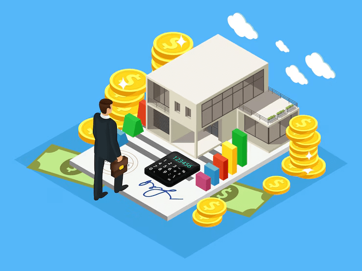 Isometric illustration of a businessman analyzing real estate investment with a modern house, financial charts, calculator, contract, and stacks of coins and dollar bills, symbolizing property financing and economic growth.