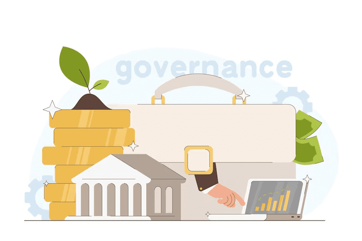 Illustration representing financial governance with elements like stacked coins, a government building, a plant sprouting from coins, a briefcase, a hand pointing at a growth chart on a laptop, and currency notes, symbolizing economic planning and public financial management.