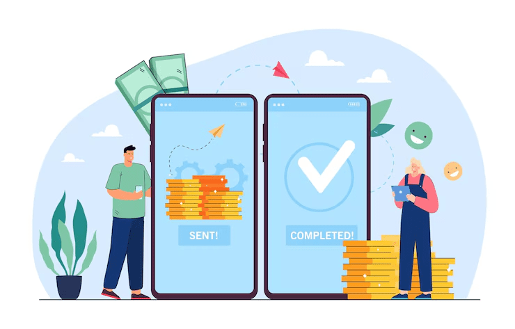symbolizing digital fund transfer methods like NEFT compared to other transfer systems, with characters exchanging money seamlessly.