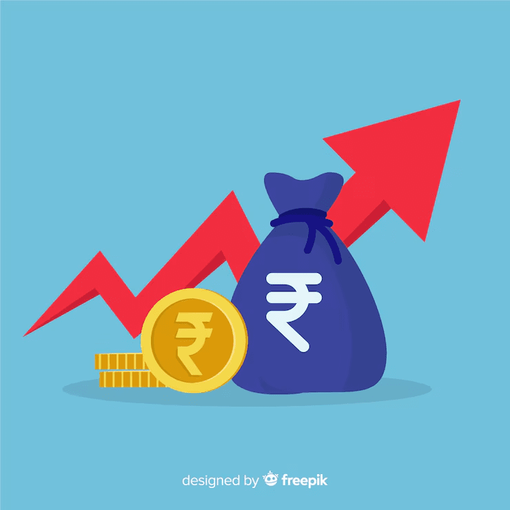 Illustration showing a rising red arrow behind a blue money bag and gold coins with Indian Rupee (₹) symbols, representing financial growth, increasing profits, or economic development.