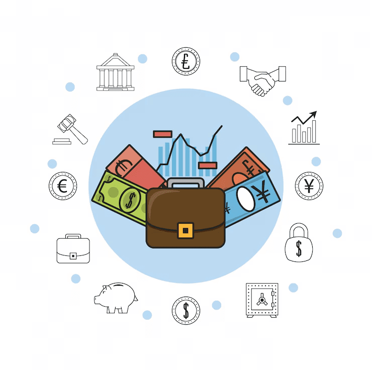 Illustration of a financial portfolio with a briefcase filled with international currencies, graphs, and financial icons representing global finance, savings, investment, and banking.








