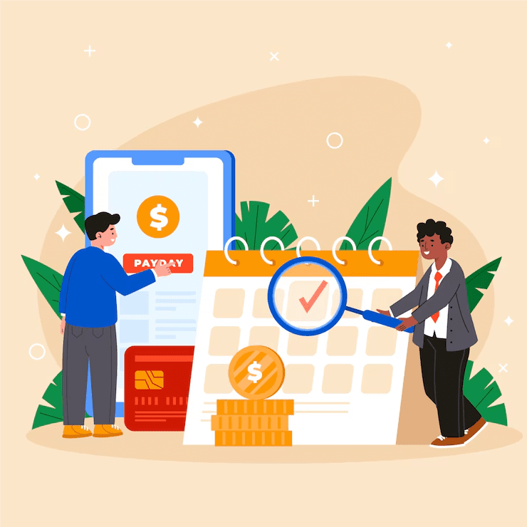 Illustration of two people managing payday loans with a smartphone app and a calendar, featuring coins, a credit card, and a magnifying glass highlighting a payment date.