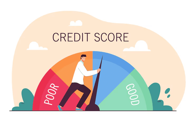 Illustration of a man adjusting a credit score meter from the "Poor" zone toward the "Good" zone, with a colorful gauge and nature-inspired background.