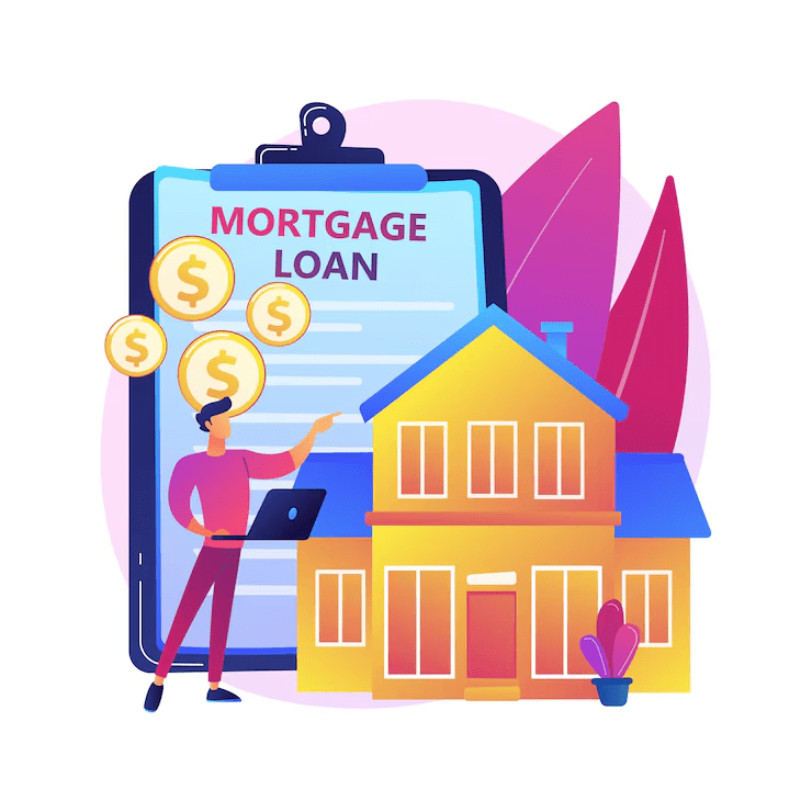 A colorful illustration showing a man with a laptop pointing to a clipboard labeled "Mortgage Loan" in large text. Dollar signs float around him, and in the foreground is a bright yellow-orange house with blue roof accents. The background includes large decorative leaves in pink and red tones, creating a vibrant and modern design representing home financing or mortgage application.