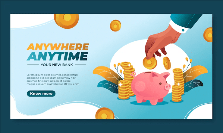 a hand dropping coins into a pink piggy bank surrounded by gold coins and decorative leaves, with the text "Anywhere Anytime – Your New Bank," representing bank-based savings schemes and digital banking convenience.