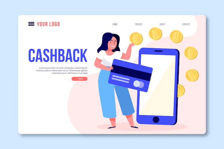 a woman holding a credit card next to a large smartphone with coins around it, symbolizing digital payments and rewards from cashback credit cards.