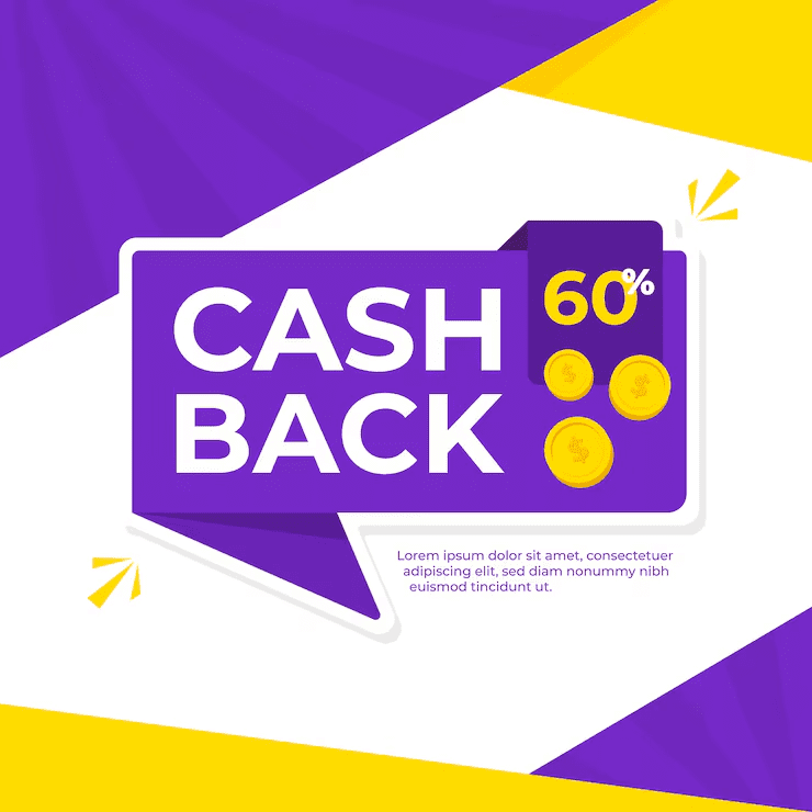 Bright promotional banner with bold text reading “Cash Back 60%” in white on a purple background, featuring gold coins and modern graphic accents, symbolizing high cashback offers and rewards programs.