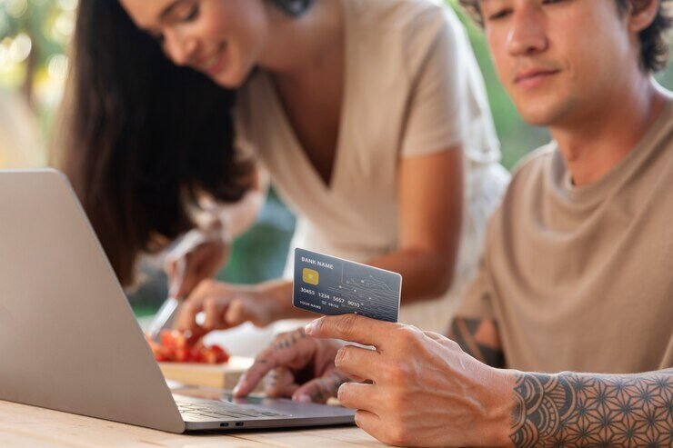 Man holding a credit card while using a laptop for online shopping or payment, with a woman preparing food in the background, symbolizing convenient digital payments and lifestyle ease through credit card usage.