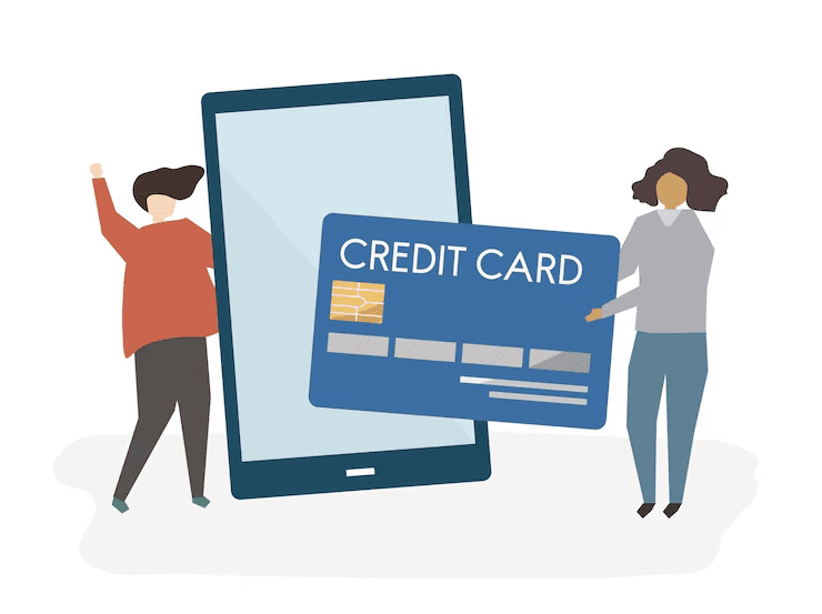 Illustration of two people interacting with a large smartphone and an oversized blue credit card, representing mobile banking, digital payments, or online credit card management.