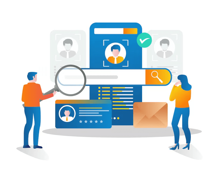 Illustration of two people analyzing user profiles on a digital screen using a magnifying glass, representing digital identity verification and secure authentication processes.