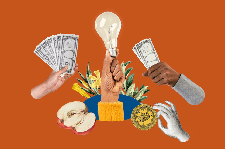 Collage-style image showing hands holding cash, a coin, and a light bulb surrounded by plants and apples, symbolizing creative financial ideas and innovative money concepts.