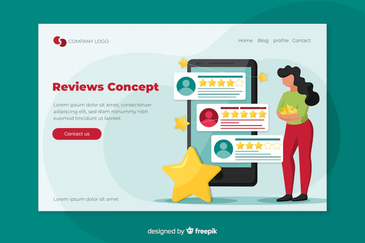 Illustration of a woman viewing customer reviews on a large smartphone screen, surrounded by star ratings and profile icons, representing the concept of customer feedback and online reviews.