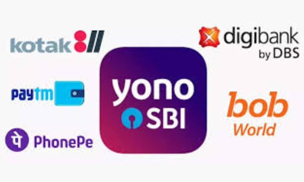 Yono SBI Customer Care Number – YONO SBI app logo in the center surrounded by popular digital banking and payment platforms like Kotak 811, Paytm, PhonePe, Digibank by DBS, and bob World, representing top Indian digital finance services.