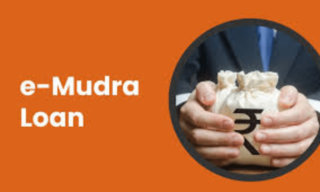 A businessman holding a money bag with the Indian Rupee symbol, representing SBI's digital microfinance initiative for small business loans under the e-Mudra scheme.